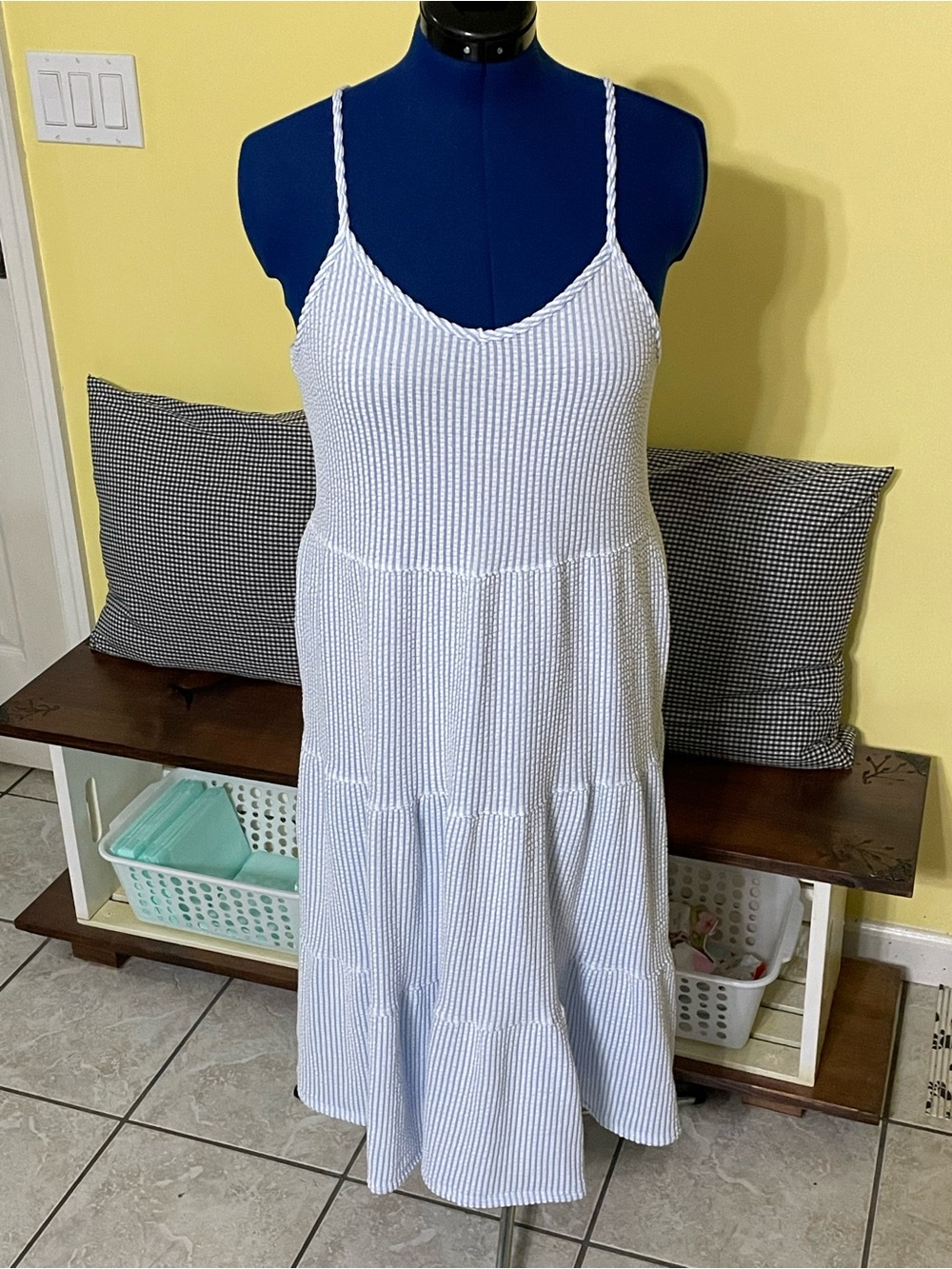 Green Envelope Blue and White Striped Sundress